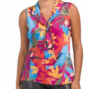 NWT Tahari ASL Printed Tie Neck Sleeveless Blouse